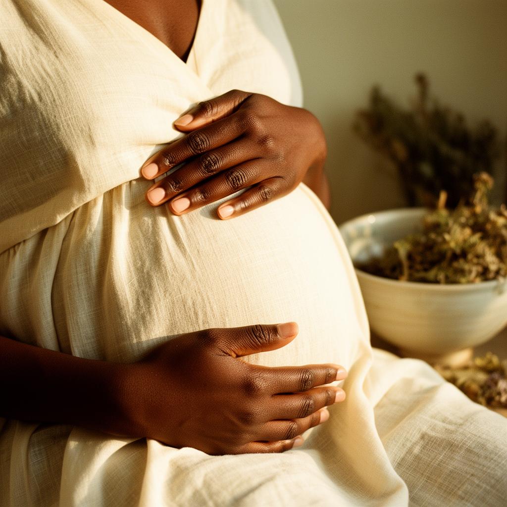 A Black mother's hands gently resting on her pregnant belly draped in cream linen — Windsor doula care